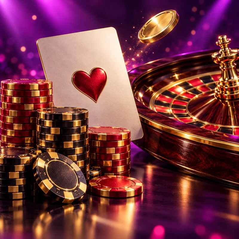 Roulettekessel, Spielkarten und glänzende Jetons