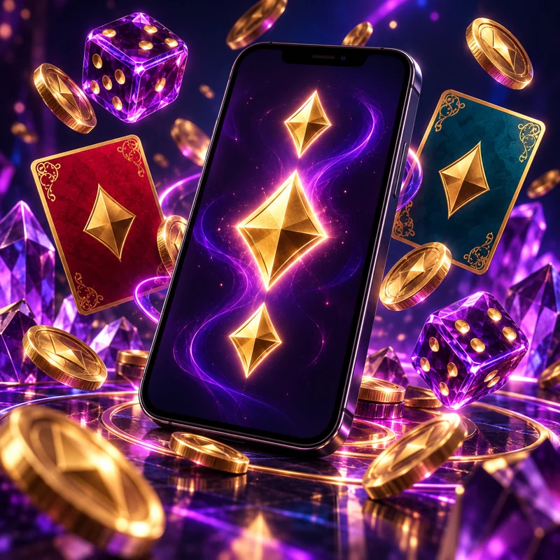 Smartphone zwischen violetten Kristallen und Goldmünzen